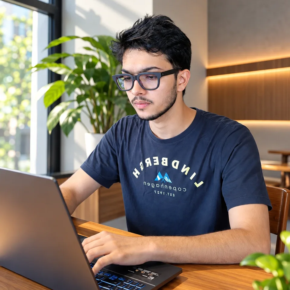 Prem, working at a laptop by a sunny window